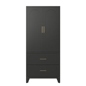 English Elm 71" Steel Wardrobe with Hanging Rod Two Drawers and Shelf for Compact Bedroom W3387P411306