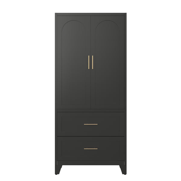English Elm 71" Steel Wardrobe with Hanging Rod Two Drawers and Shelf for Compact Bedroom W3387P411306