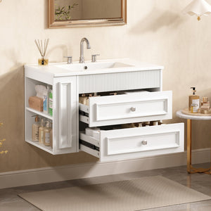 English Elm 30'' Wall Mounted Bathroom Vanity with Ceramic Sink, Floating MDF Cabinet, Soft-Close Drawers & Ample Storage White N710P334915K