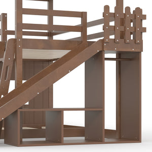 English Elm Twin Over Full Playhouse Bunk Bed with Slide Ladder Storage Shelves and Wardrobe Antique Natural W5305S00041