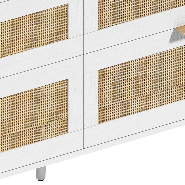 English Elm 59" Rattan Dresser with 6 Spacious Drawers, Stylish Woven Texture, Metal Handles & Wood Legs for Bedroom White W757P209514