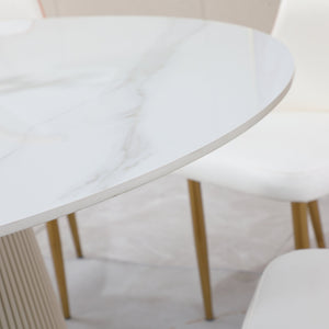 English Elm 53 Inch Round Sintered Stone Dining Table Carrara Marble Look Seats Eight W509S00172