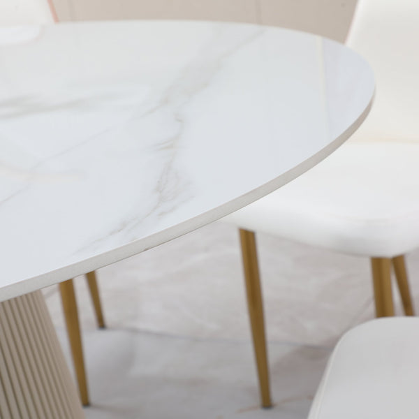 English Elm 53 Inch Round Sintered Stone Dining Table Carrara Marble Look Seats Eight W509S00172