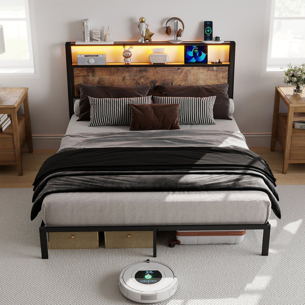 English Elm Queen Metal Platform Bed with Rgb Led Headboard Charging Station and Underbed Storage Brown T3963P483788