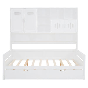 English Elm Full Size Wooden Daybed With Twin Trundle, Integrated Storage Cabinet & Stylish White Finish N820S00027K