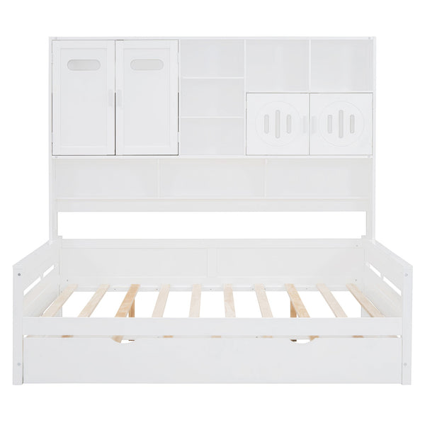 English Elm Full Size Wooden Daybed With Twin Trundle, Integrated Storage Cabinet & Stylish White Finish N820S00027K