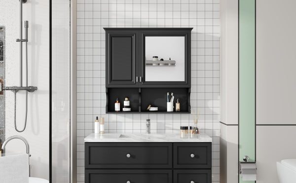 English Elm 30 30 Inch Mirror Medicine Cabinet with Half-Moon Design, Soft-Close Hinges, Open Shelf & Solid-Wood Frame Black N710P322812B