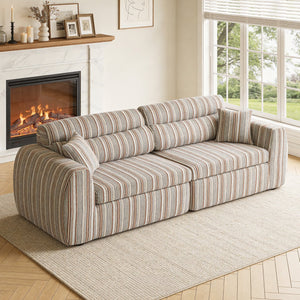 English Elm Chenille Stripe Velvet Sofa Three Seat Minimalist Upholstered Couch for Living Room Brown White W5532S00012