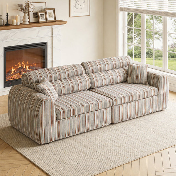 English Elm Chenille Stripe Velvet Sofa Three Seat Minimalist Upholstered Couch for Living Room Brown White W5532S00012