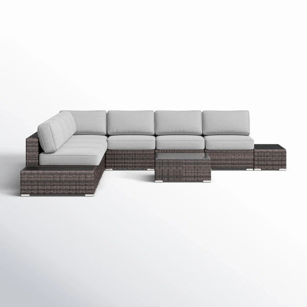 English Elm Wicker 10‑Piece 6‑Person Oversized Sectional with 15 Plush Olefin Grey Cushions, Glass Tables, Ready B120S00266