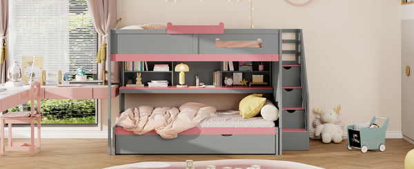 English Elm House-shaped Pine Bunk Bed with Built-in Slide Storage Staircase Twin Over Full Kids Frame Gray N820S00067E