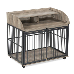 English Elm GO Furniture-Style Dog Crate 44" Gray End Table Kennel with Sliding Barn Door, Storage Shelves, Wheels WF323360AAE