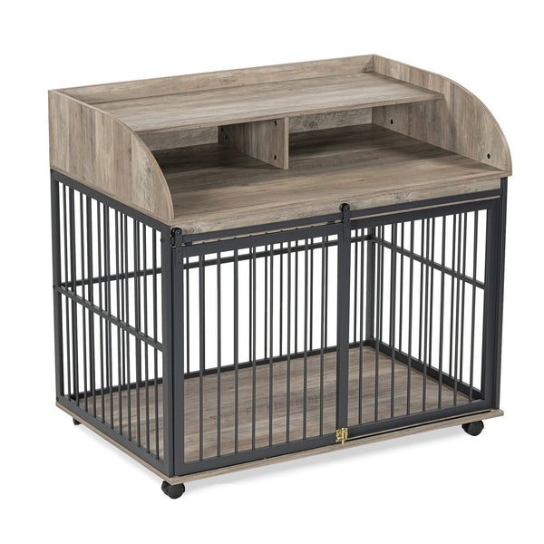 English Elm GO Furniture-Style Dog Crate 44" Gray End Table Kennel with Sliding Barn Door, Storage Shelves, Wheels WF323360AAE