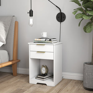 English Elm Nighstand White 2-Drawer Nightstand with Open Shelf, Gold Handles, Modern Compact End Table W3151P346294