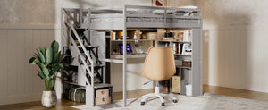 English Elm Full Loft Bed with Integrated Wardrobe Desk Shelving and Led Lighting for Teen Rooms Grey LT000927AAE