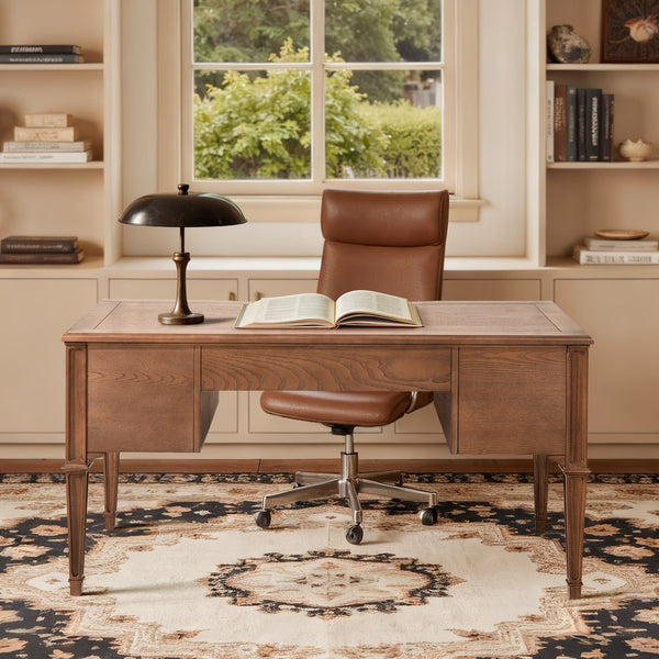 English Elm Jennifer Taylor Home - Dauphin Elegant Gold-Trim 5-Drawer Executive Desk in Ash Wood Veneer with Soft-Close Storage Appeal Brown B2719P408078