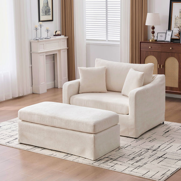 English Elm 43.9" Wide Chenille Accent Chair with Ottoman Bolster Pillows Farmhouse Living Room Set Beige W3098S00044
