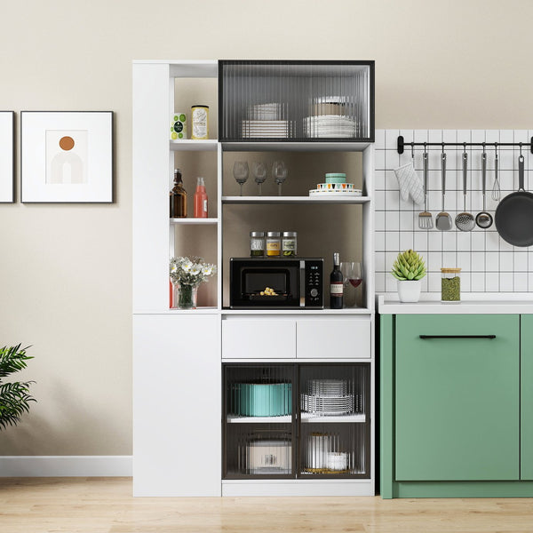 English Elm 70.87"h Tall Storage Cabinet Glass Panel Doors Asymmetric Drawers Modern Hallway Organizer W331S00204