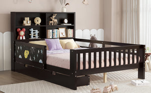 English Elm Full Solid Wood Platform Bed with Chalkboard Headboard, Storage Drawers & Shelves, Kid-Friendly White Espresso W1580P362709