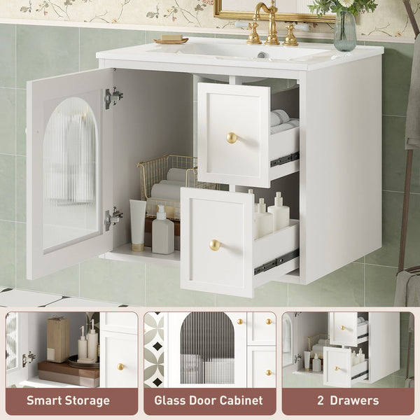 English Elm 24" Floating Bathroom Vanity with Ceramic Sink Two Drawers White Mdf Cabinet N710P286704K