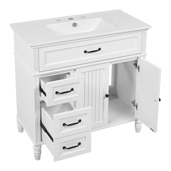 English Elm [video] 36 Inch Freestanding Bathroom Vanity Acacia Wood Legs Ceramic Sink Soft Close White N759S340019K
