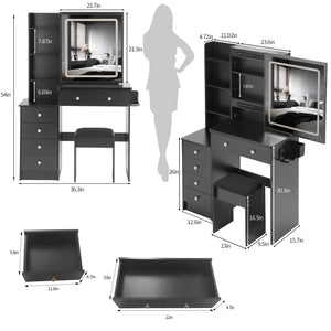 English Elm 37" Designer Vanity Set With Cushioned Stool, Touch Control Led Mirror, Usb Ports & Hair Dryer Stand W936P224320