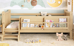English Elm Twin Pine Floor Bed with Guardrails Built-in Bookcases and Stair Steps for Kids W1580P430184