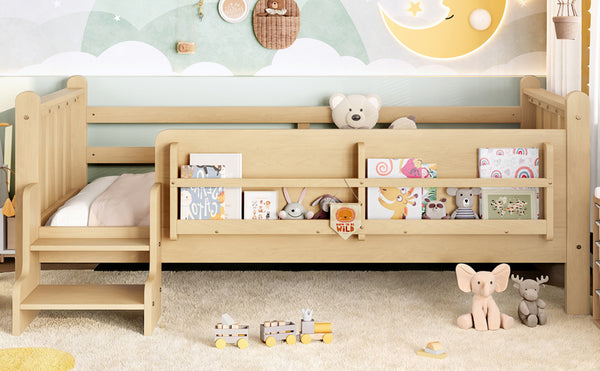 English Elm Twin Pine Floor Bed with Guardrails Built-in Bookcases and Stair Steps for Kids W1580P430184