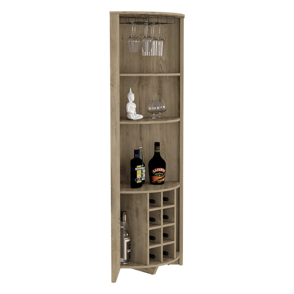 English Elm Essential Corner Bar Cabinet with Wine Rack & Cup Holders, Space-Saving Three-Tier Storage Solution Light Oak 75 L x 24 W x 3 H B200S00404