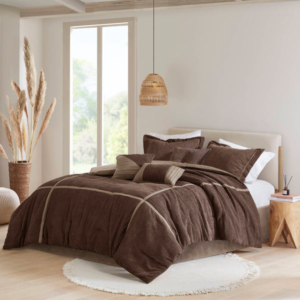 English Elm 7 Piece Micro Corduroy Comforter Set In Brown - Cozy, Chic, And Lodge-Inspired Bedroom Ensemble B035P266665
