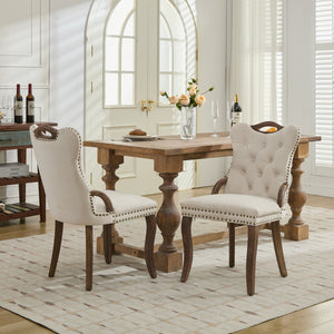 English Elm Velvet Upholstered Dining Chair with Handmade Tufting, Solid Wood Handles, Copper Nail Trim, Set of 2 Beige W1143P338140