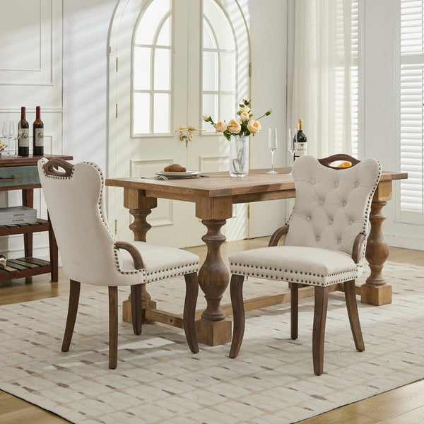 English Elm Velvet Hand-Tufted Dining Chair with Solid Wood Handles and Curved Legs, Vintage Copper Accents Beige W1143P338140