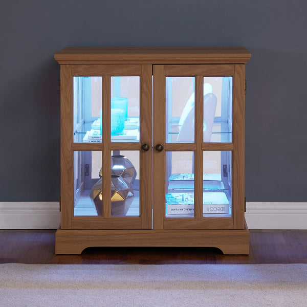 English Elm Led Curio Display Cabinet - Antique Oak Showcase With Adjustable Shelves, Remote & Lattice Doors For Home W2275P231692