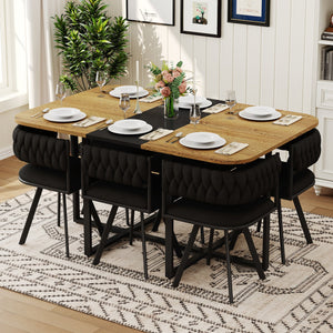 English Elm 7-piece Dining Set Tufted Velvet Chairs Melamine Table Modern Farmhouse Kitchen Black,Wood W3875S00114