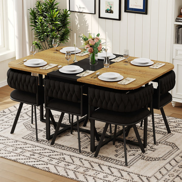 English Elm 7-piece Dining Set Tufted Velvet Chairs Melamine Table Modern Farmhouse Kitchen Black,Wood W3875S00114