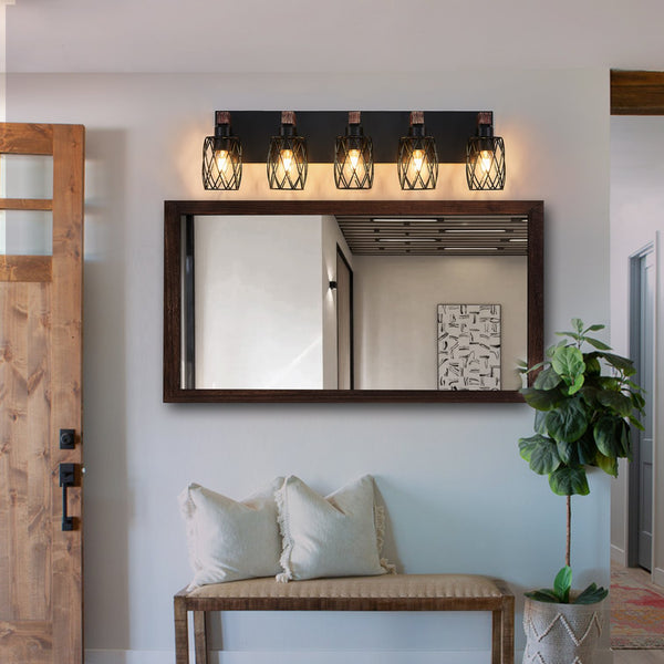 English Elm 31" Industrial Vintage 5-Light Wall Sconce Black Cage with Walnut Wood Accents for Bathroom Hallway W2312P374839