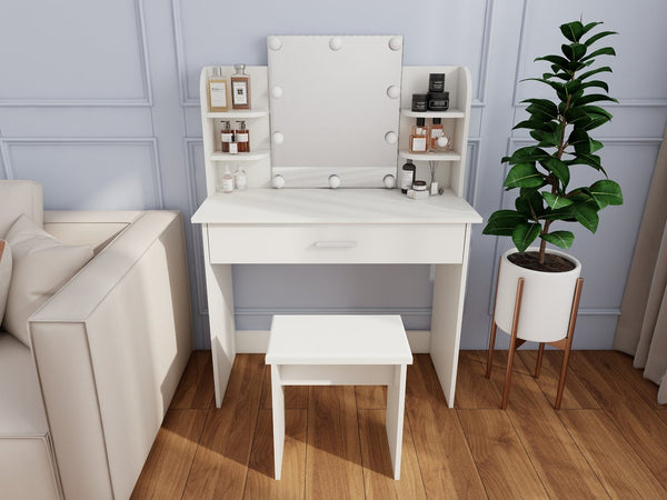 English Elm One drawer dresser table Ancient White Vanity with Stool, Adjustable Mirror, Compact Elegant Makeup Station W2139P306364