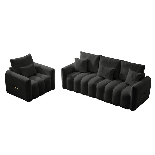 English Elm 80.7 Inch Plush Teddy Velvet 3 Seat Sofa Solid Wood Frame with Six Included Cushions Black W2564S00067