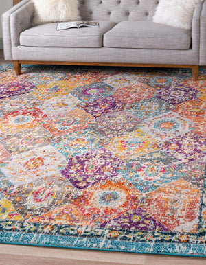 Unique Loom Penrose Blake Machine Made Trellis Rug Multi, Blue/Gray/Green/Orange/Navy Blue/Peach/Purple/Red/Yellow/Pink 8' 0" x 8' 0"