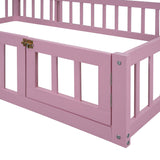 English Elm Wooden Floor Bed With Fence Railings and Detachable House Shape Headboard,Full Size Bed With Kids Dress Up Rack, Kids Montessori Style Playhouse Frame For Girls Boys, Pink