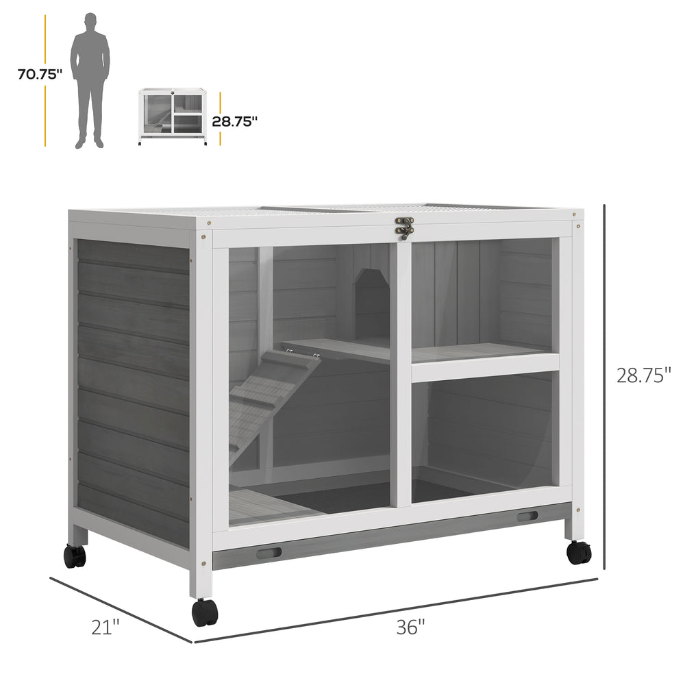 English Elm Bunny Hutch Two Story Fir Wood Pet House with Plexiglass Panel and Rolling Wheels T3971P436226