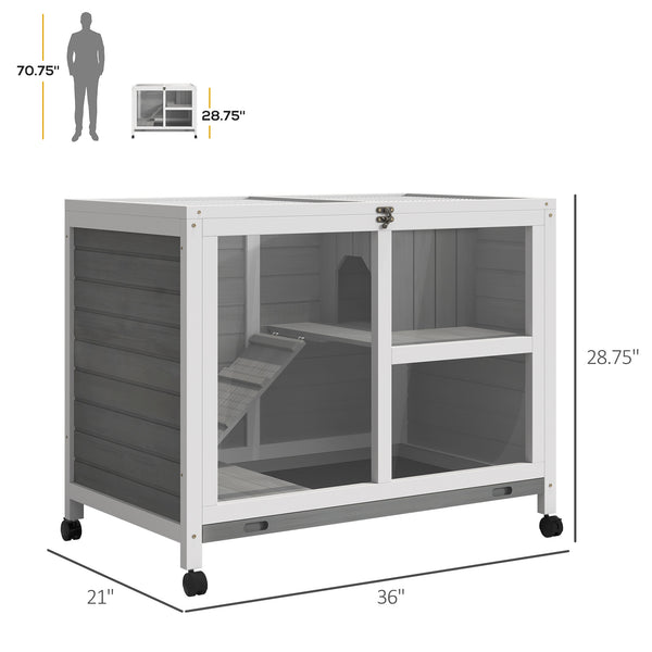 English Elm Bunny Hutch Two Story Fir Wood Pet House with Plexiglass Panel and Rolling Wheels T3971P436226