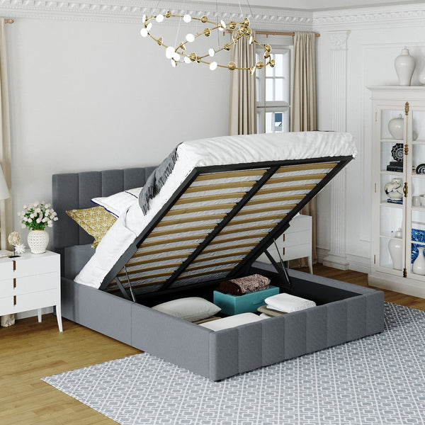 English Elm Queen Linen Upholstered Platform Bed with Hydraulic Lift Storage and Padded Headboard N708P201552E