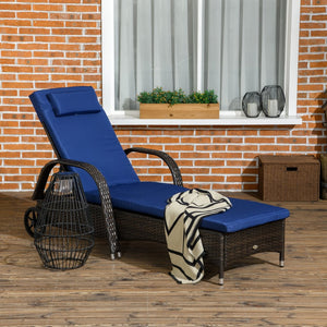 English Elm Outsunny Wicker Chaise Lounge Chair With Wheels, Adjustable Backrest, Cushion & Headrest For Comfort W2225P174008-GIGA