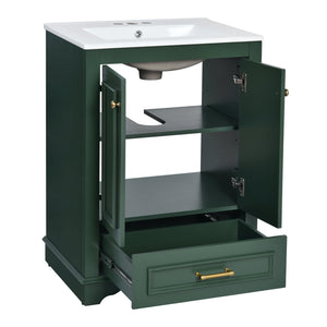English Elm 24'' Bathroom Vanity with Ceramic Sink Combo Modern Freestanding MDF Cabinet with Soft-Close Doors and Sleek Silver Handles for Spacious Organized Bathroom Storage Green N710P194893F
