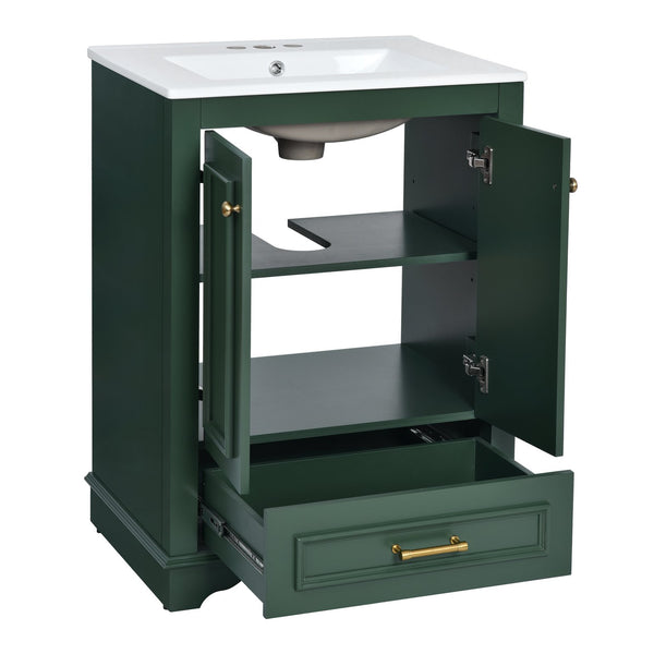 English Elm 24'' Bathroom Vanity with Ceramic Sink Combo Modern Freestanding MDF Cabinet with Soft-Close Doors and Sleek Silver Handles for Spacious Organized Bathroom Storage Green N710P194893F