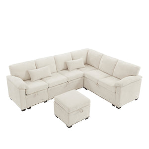 English Elm 97 Inch L-shaped Chenille Sectional Sofa with Sleeper Storage Ottoman 7 Seats Beige W1669S00017