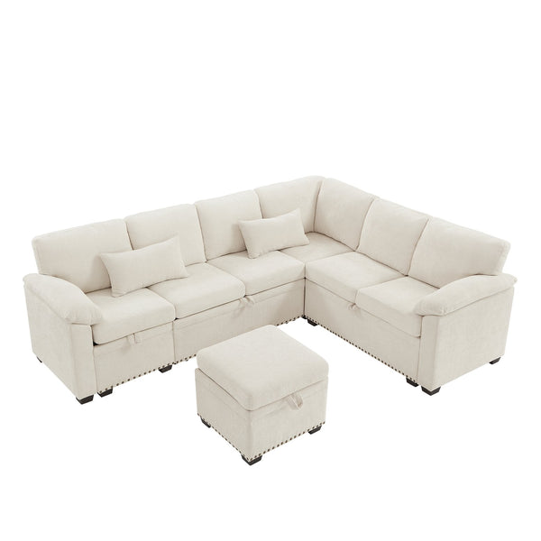 English Elm 97 Inch L-shaped Chenille Sectional Sofa with Sleeper Storage Ottoman 7 Seats Beige W1669S00017