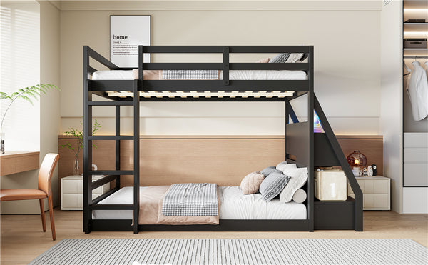English Elm Full Bunk Bed with App Led Lighting Usb Charging Storage Drawers Kids Bedroom Black N820S00080B