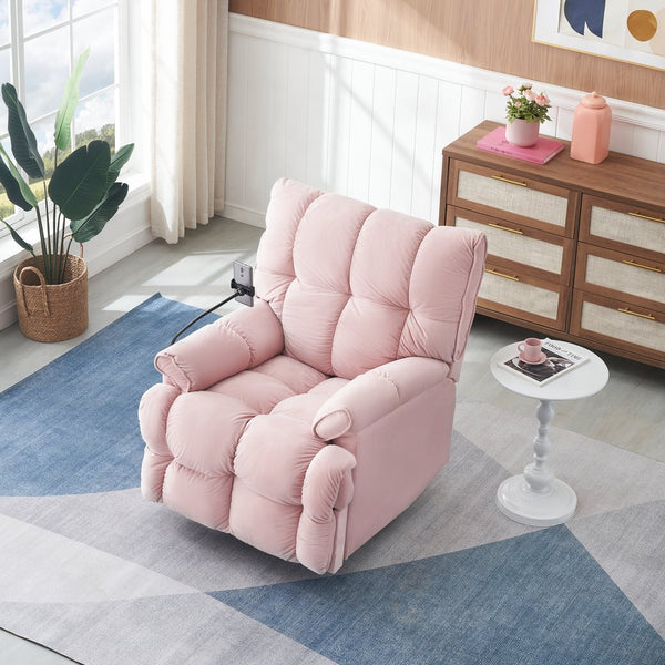 English Elm Single Teddy Upholstered Recliner Chair with Solid Wood Frame, Sponge Cushions & Phone Stand, Adjustable Back to 150° Pink W1278P212866